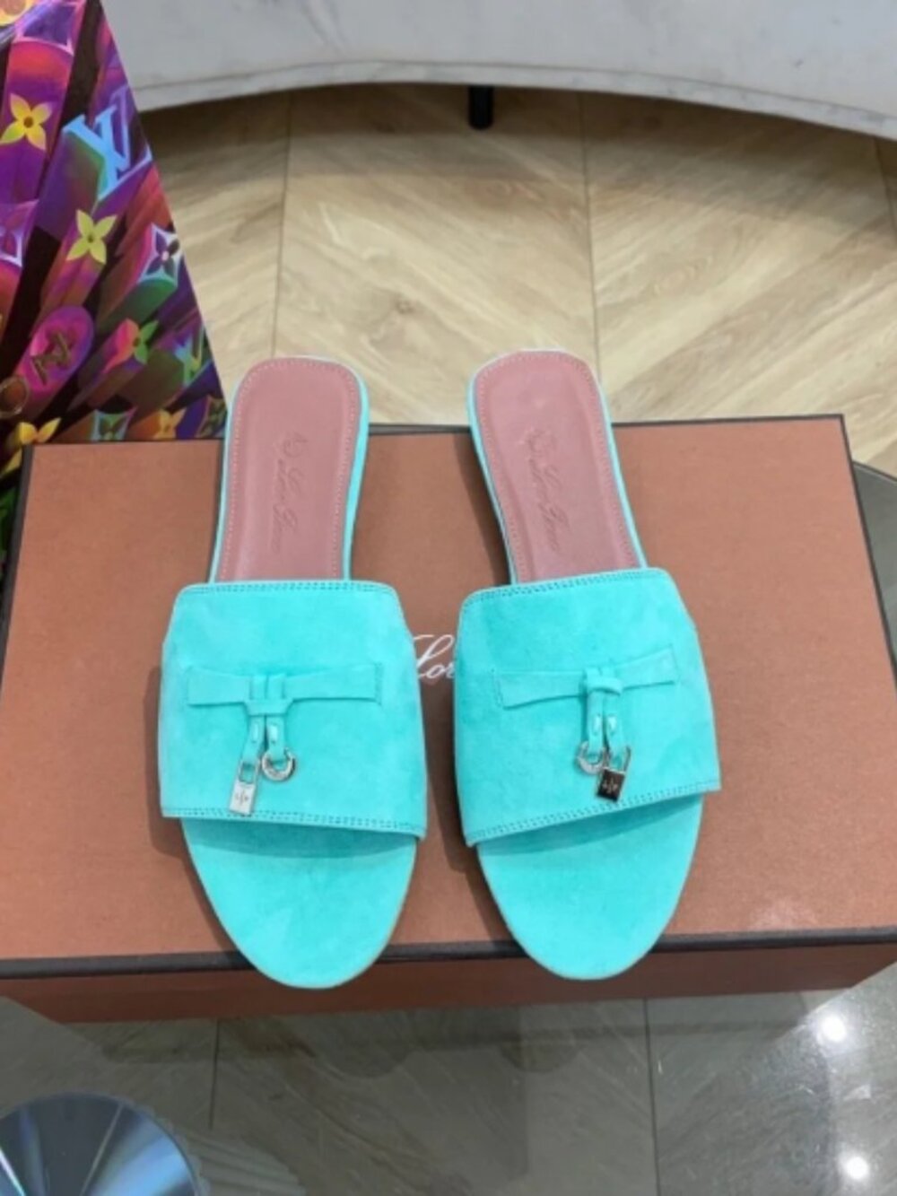 Loro Piana Mint Green Suede Slide Sandals Bow Charm Flat Open‑Toe Mules